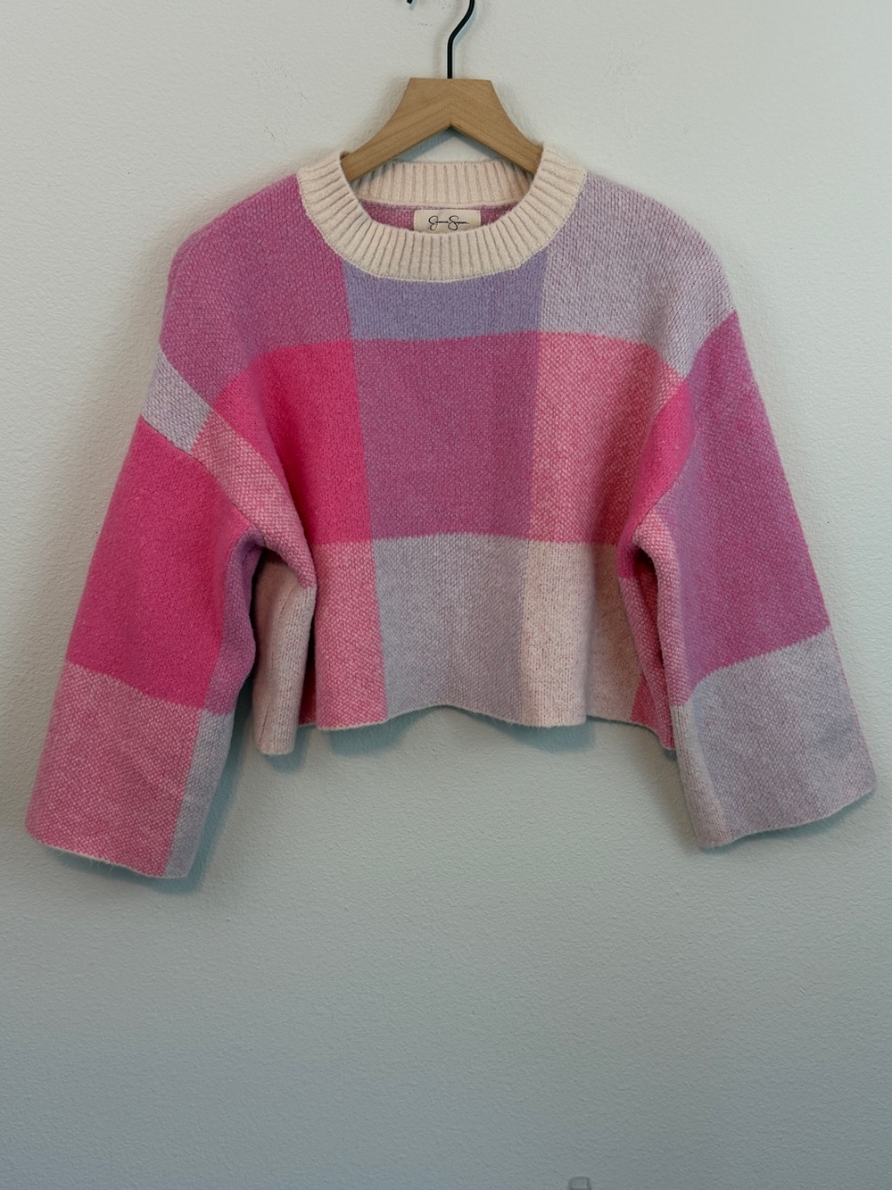 Jessica Simpson Pink Plaid Cropped Crewneck Sweater